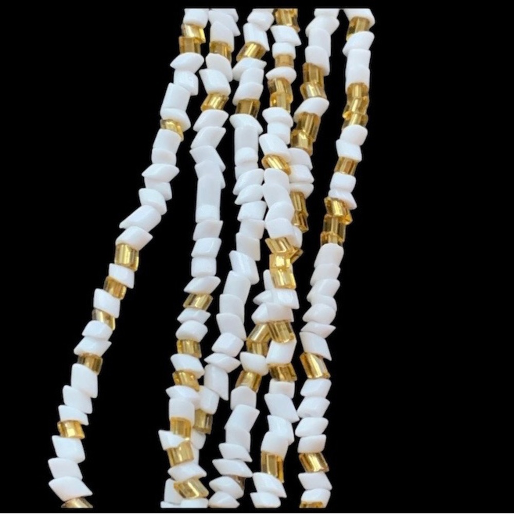 Vintage Six Strand White & Gold Glass Seed Bead Necklace Woman’s Jewelry - Picture 2 of 5
